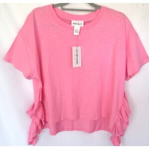 Nwt ForThe REPUBLIC Pink Oversized Cropped Crew Neck T-Shirt Ruffle Detail M